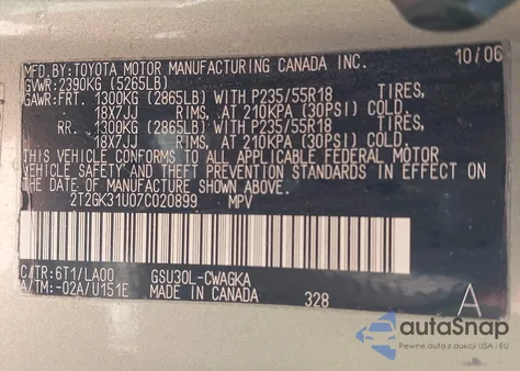 2007 Lexus Rx 350 z USA, uszkodzony, nr VIN 2T2GK31U07C020899